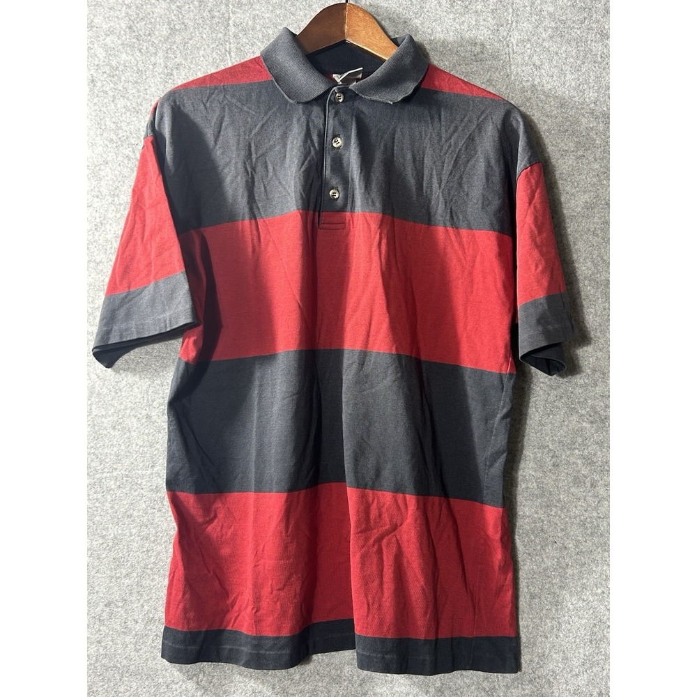 Vintage 80s LE TIGRE BLACK RED WIDE RUGBY STRIPE POLO SHIRT LARGE PREP TIGER